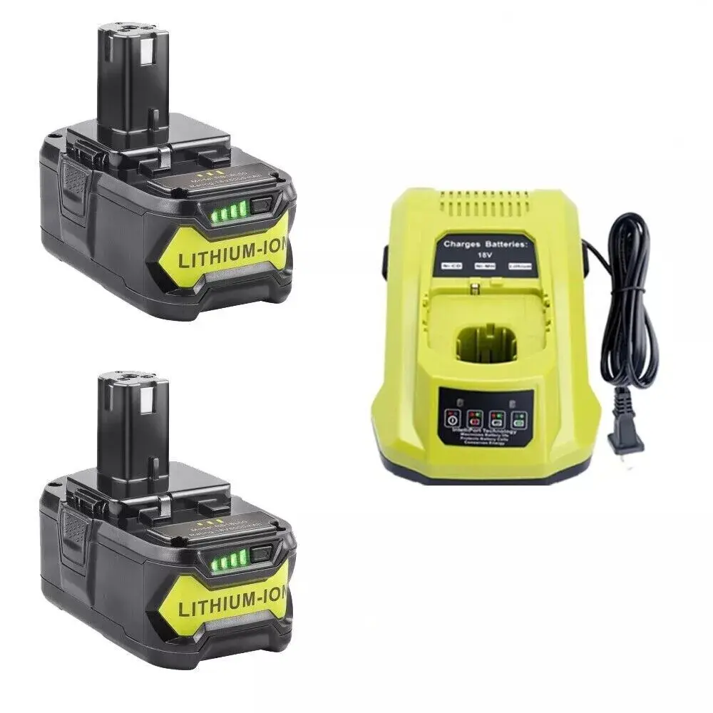 RYOBI 2-PACK 6000mAh 18V BATTERIES & CHARGER - Compatible with Drills, Saws, Blowers & 18V One+ Tools, Portable, P102-P109