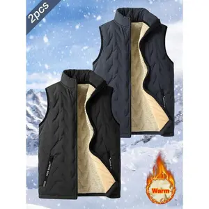 2 men's winter wool lined warm standing collar vests with full zipper closure, suitable for outdoor activities and daily casual wearRAIMENTRY