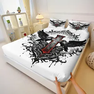 Gothic Punk Cross & Raven 3-Piece Fitted Sheet Set, Skin-Friendly Breathable Non-Slip Bedding, Cool Dark Bedroom Decor, Perfect Gift for Teens