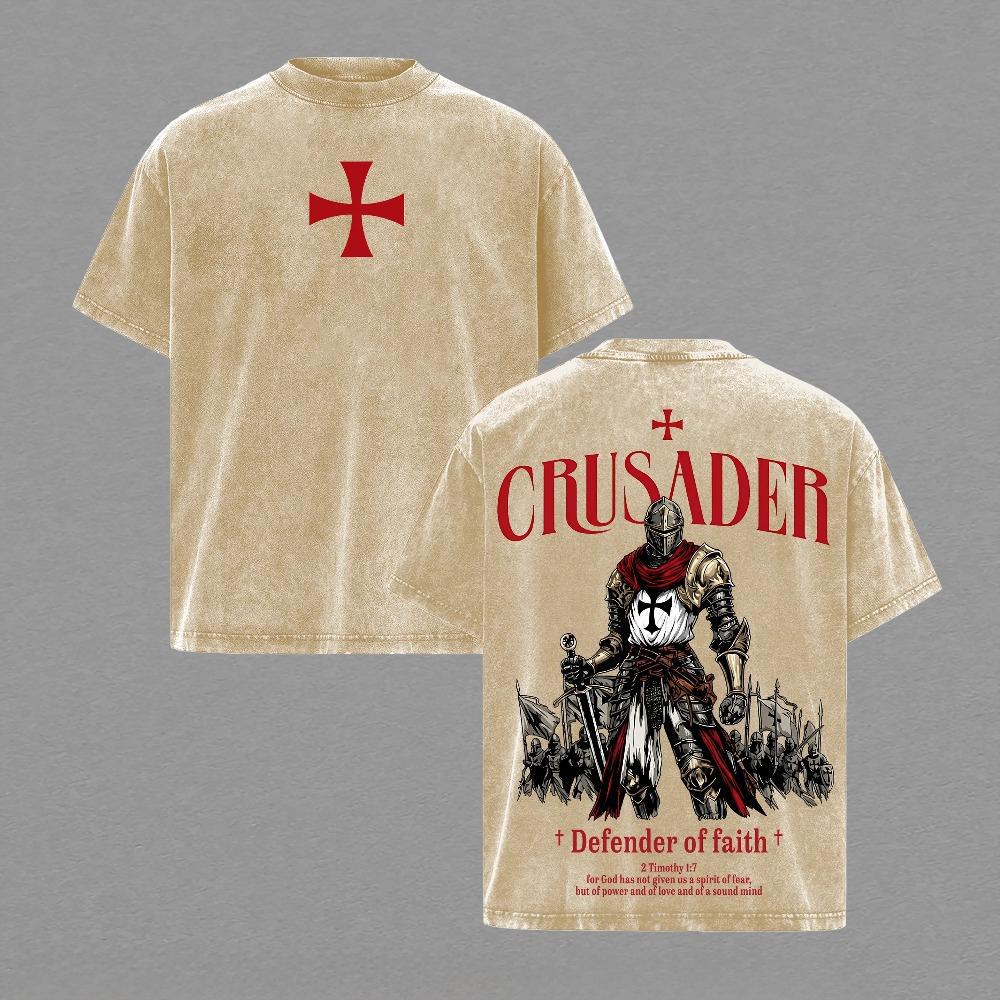 Crusader Defender of Faith Vintage Washed Oversized T-Shirt,Timothy 1:7 Scripture Knight Graphic Tee, Heavy Cotton Medieval Christian Streetwear Top, Unisex Dark Gothic Warrior Shirt