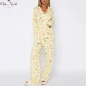 Women Pajamas Set, Fruit Print Long Sleeve Shirt with Pants Sleepwear Loungewear