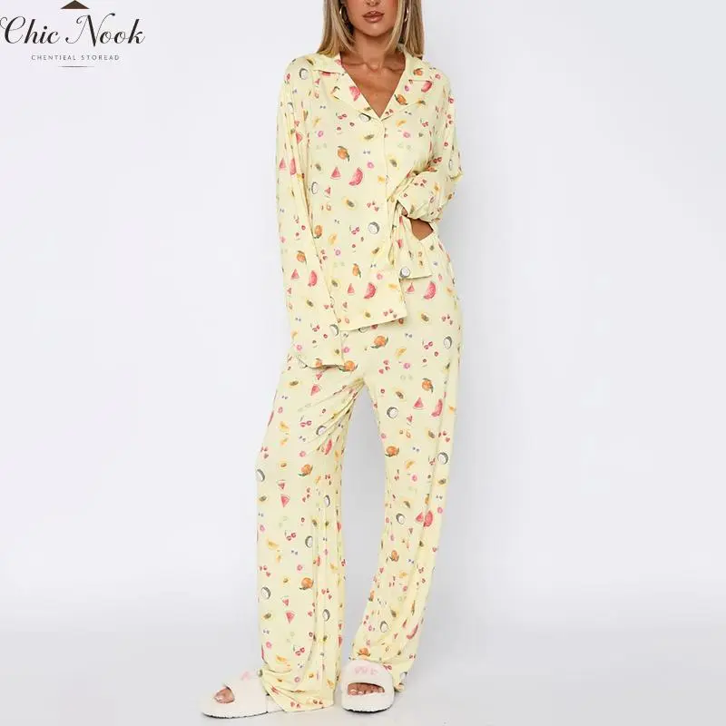 Women Pajamas Set, Fruit Print Long Sleeve Shirt with Pants Sleepwear Loungewear Women Pajamas Set, Fruit Print Long Sleeve Shirt with Pants Sleepwear Loungewear