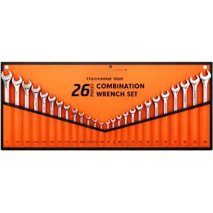 26- Durable Combination Wrench Set with Roll-up Pouch, Open End Wrench Set for General Household, Garage, Auto Repairs, SAE 1/4" - 1" and Metric 8mm - 24mm
