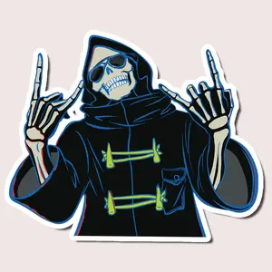 Halloween Skeleton Sticker | Grim Reaper Skull with Sunglasses Rock Hand Sign Decal | Spooky Vinyl Sticker