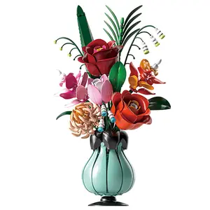 Artificial Building Block Flower Bouquet Decor Realistic Floral Arrangement for Home Tabletop Decoration Gift DIY Creative Centerpiece Wedding Party Long Lasting Roses Gift Idea for Women Mom Her