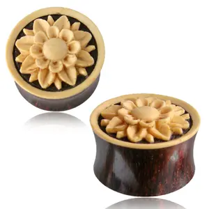 Organic Tamarind Wood Coco Shell Lotus Flower Floral Inlay Two-Tone Double Flared Saddle Ear Plugs, Pair