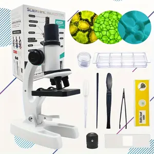 300X-1200X 7-piece Beginner Microscope Set, Metal Body Microscope, Plastic Slides, LED Light, White