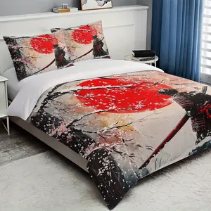 Three-Piece Sakura Samurai Decorative Bedding Set, Includes One Fitted Sheet and Two Pillowcases, 100% Polyester, Bedroom and Guest Room Use