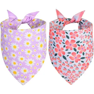 2PCS Large Girl Dog Bandanas Purple Pink Daisy Summer Scarf Durable Triangle Reversible Spring Bibs Handkerchief for Puppy Pet