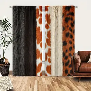 2pcs Window Curtains, Five vertical strips of faux fur: shaggy gray, dark brown, orange/white giraffe, cream, and leopard print.Window Drapes for Bedroom Living Room, Rod Pocket Window Treatment