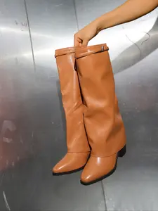 Women's Shark Lock Fold Knee Boots, Wedge High Heel Design, Zipper Closure, Round Toe, Luxury Fashionable Footwear