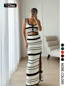 Spring Summer Striped Elegant Fitted Sexy Beach Vacation Casual Vest Skirt Knit Set Hollow Out Two-Piece (random Stripe)