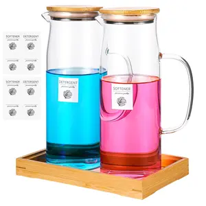 Glass Laundry Detergent Dispenser Set with Tray & Labels，50 Oz Refillable Containers for Laundry Room Organization and Detergent Storage. Ideal for Both Powder & Liquid Detergent(Bamboo lid)