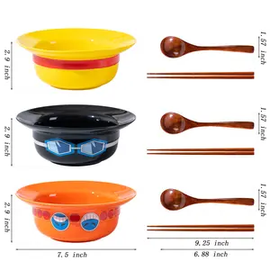 One Piece Fan Gifts Straw Hat Ramen Bowl (Ceramic Bowl + Wooden Spoon + Chopsticks) for Anime Fans