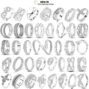 Women's Silver Finger Rings Original 925 Sterling Heart Star Moon Geometric Inlay Zircon Stackable Cocktail Ring Wedding Jewelry