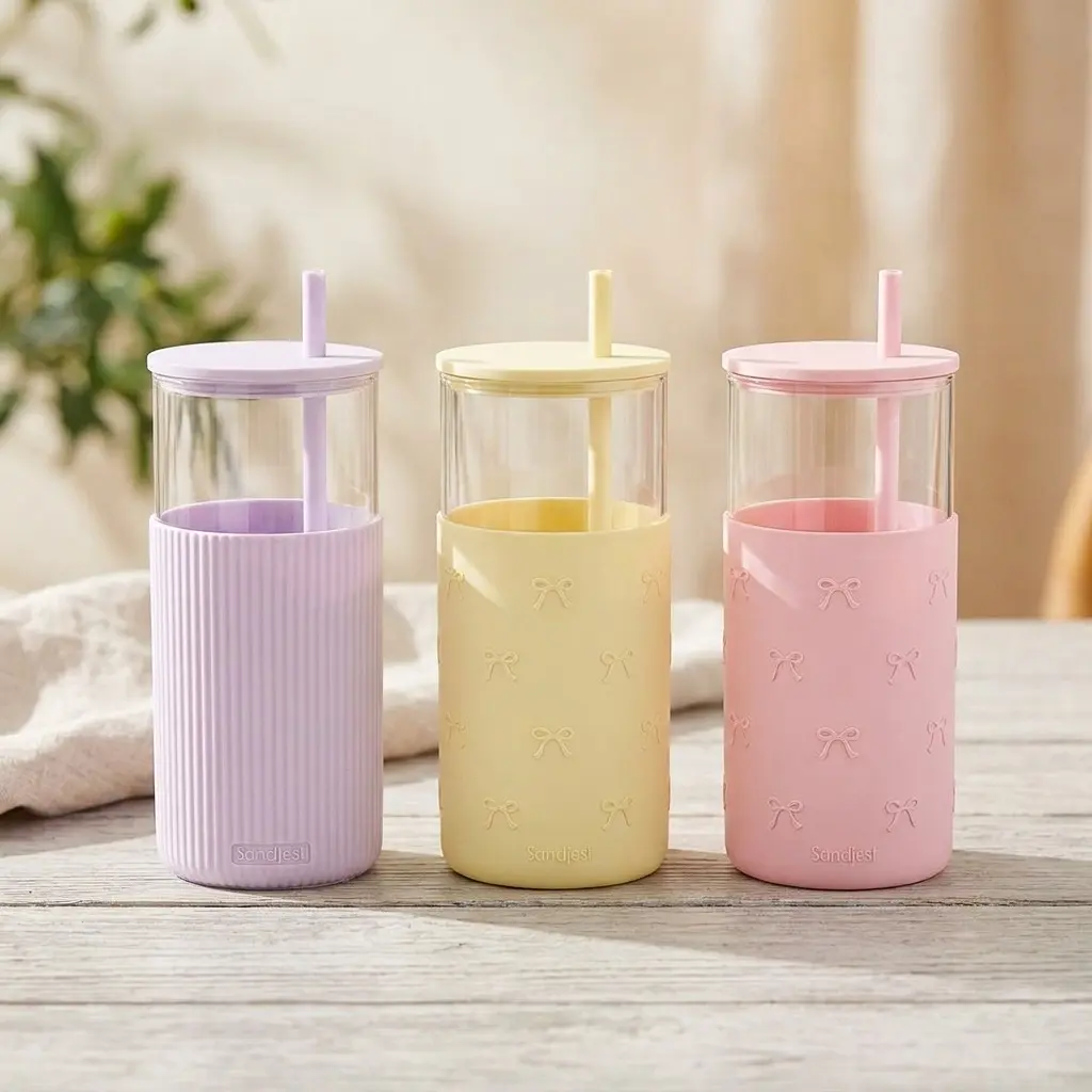 SANDJEST 20oz Glass Cup with Silicone Sleeve & Straw, Aesthetic Reusable Mug, Ideal for Hot & Cold Drinks, Perfect for Water Smoothie Iced Coffee Juice Matcha, Gift for Her Women Girl