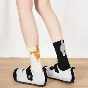 [2 PAIRS] 3D Cute Cat Socks with Fluffy Balls - Creative Animal Tail Crew Socks, Funny Cotton Kitty Paws Hosiery, Adorable Pet Lover Accessory for Daily Wear