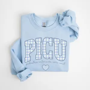 PICU Short Sleeved T-SHIRT / Sweatshirtt  • Pediatric ICU Nurse Blue Gingham Heart Work shirt • PEDS Icu Nurse Group • Picu Crew Crewneck Bottom