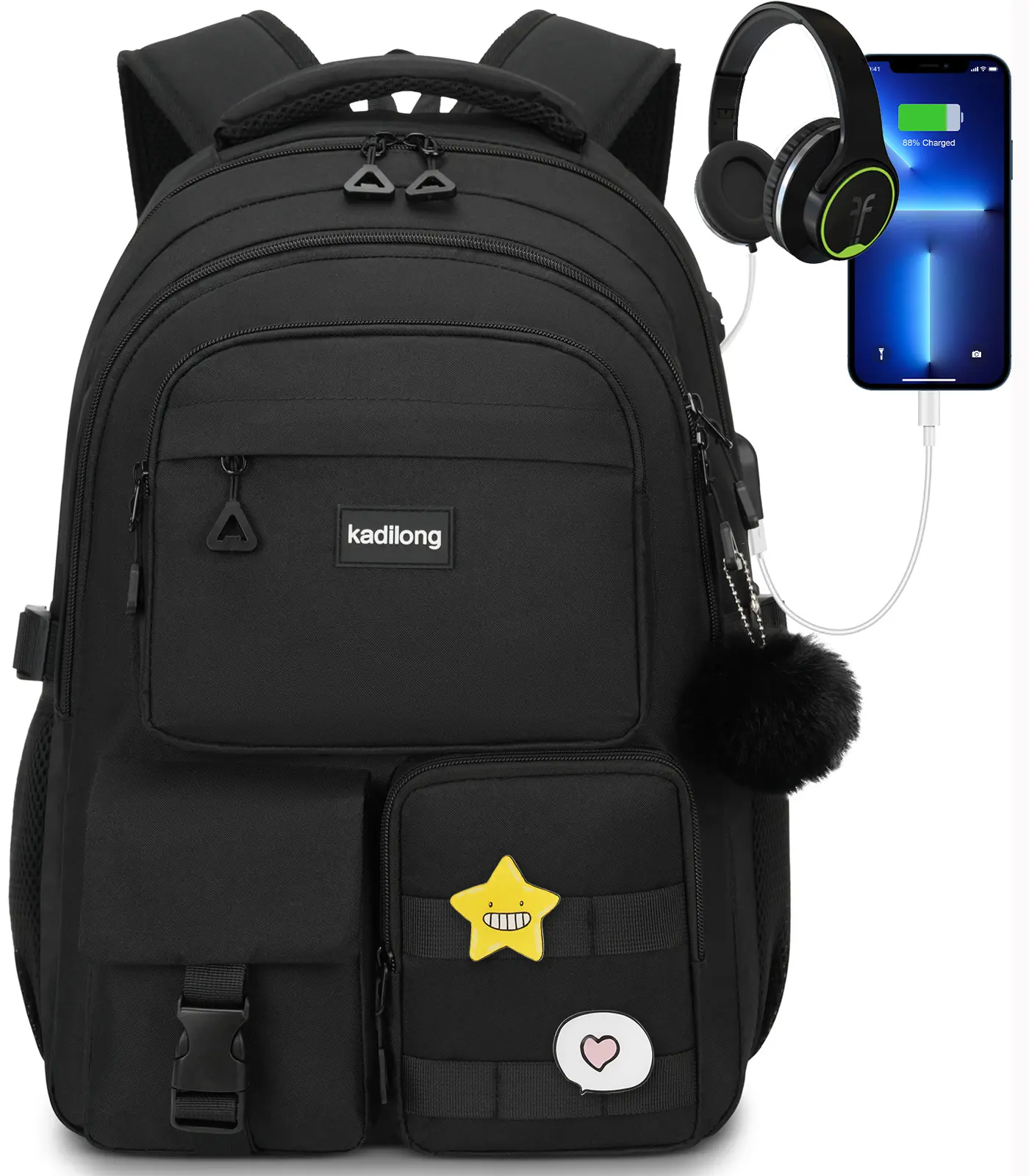 Kadilong School Backpack , Cute Black Aesthetic Backpack with USB Charging & Pom Pom, 15.6 Inch Water Resistant Student Backpack