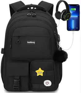 Kadilong School Backpack , Cute Black Aesthetic Backpack with USB Charging & Pom Pom, 15.6 Inch Water Resistant Student Backpack