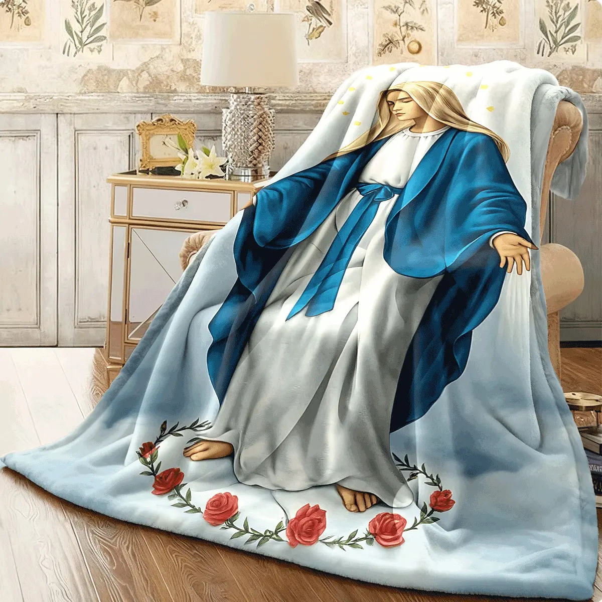 Manta de franela de la Sagrada Virgen María, 1 pieza, con estampado de túnica azul y blanca, dama con aureola, rosas rojas y nubes, manta acogedora de tema religioso para decoración de sofá