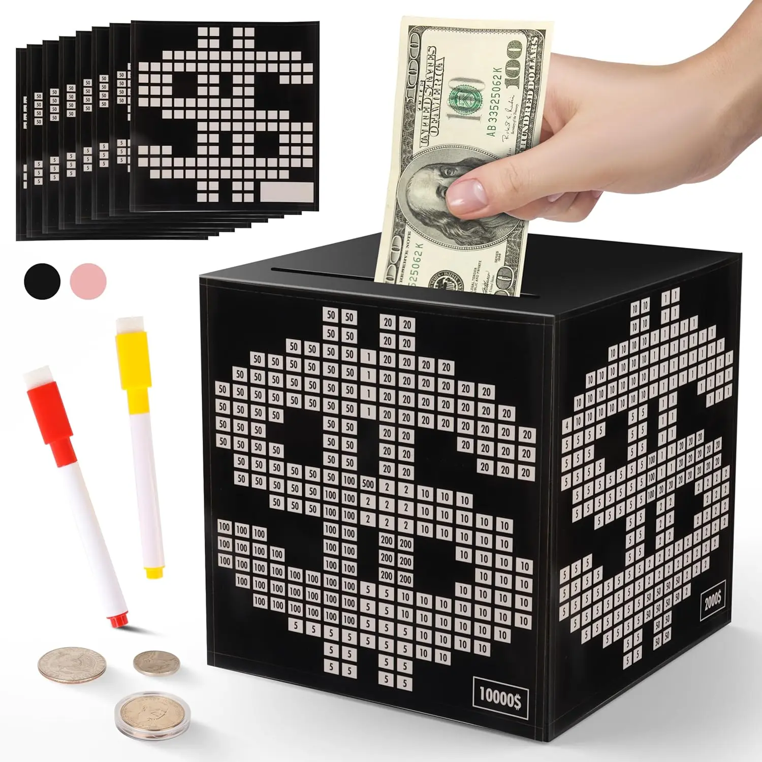 Unbreakable Metal Piggy Bank for Adults, 4.72in Money Organizer Box with Counter, 10k Savings Challenge Figure for $3000-$5000 Goals, Decorative Cash & Coin Jar Gift for Home Supplies