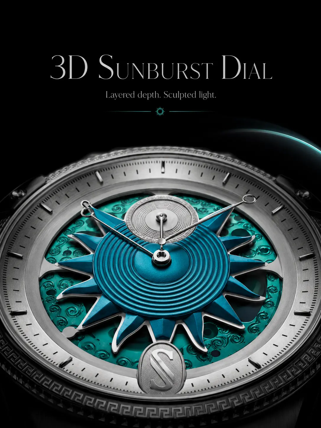 Sunburst Open Heart Automatic Mechanical Men’s Watch, Turquoise Sun Skeleton Dial, Engraved Bezel Stainless Steel Bracelet Sports Luxury Wrist Watch, 100M Water Resistant Skeleton Dress Watch