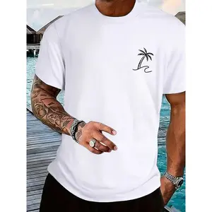 Men's 180g Polyester Quick-Dry Short Sleeve, Coconut Tree Print Vacation Feel, Sporty Casual Fitted Beachwear, Sunset Atmosphere