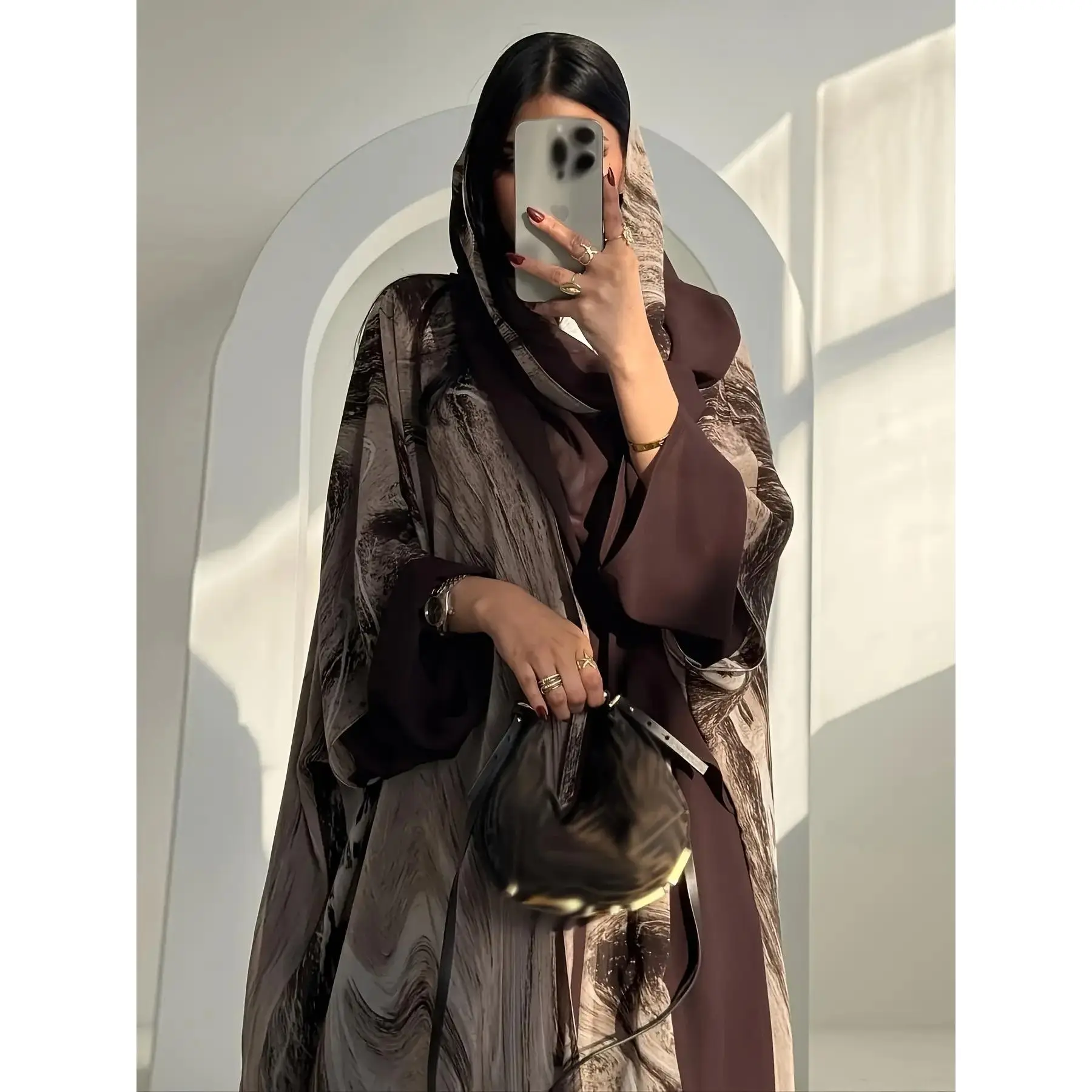 Women's Islamic Polyester Abaya - Full Coverage, Long Batwing Sleeve, Modest Loose Woven Robe, Brown & Neutral Marble Print Summer Wear, Elegant Durable Garment for Everyday/Special Occasions, Dry Clean/Hand Wash Only