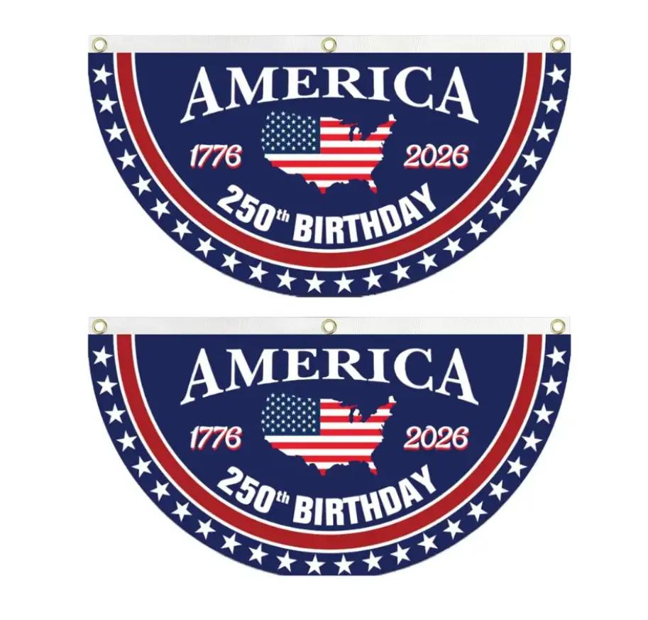 Lightweight America 250th Birthday Semicircular Flag Banner 1776-2026 Patriotic Bunting, Home Decor Half Fan Flag, USA Independence Day Holiday Party Decor for Porch Fence