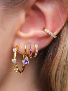 5Pcs Perfect 24K Gold Plated Cubic Zirconia Hoop Earrings Set For Women Purple  Zircon Drop Dangle Earrings Pack Cuff Earrings Stack