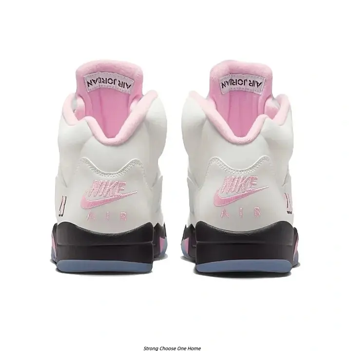 Off White Pink Lining High Top Sneakers, Black Midsole Blue Outsole Retro Basketball Shoes