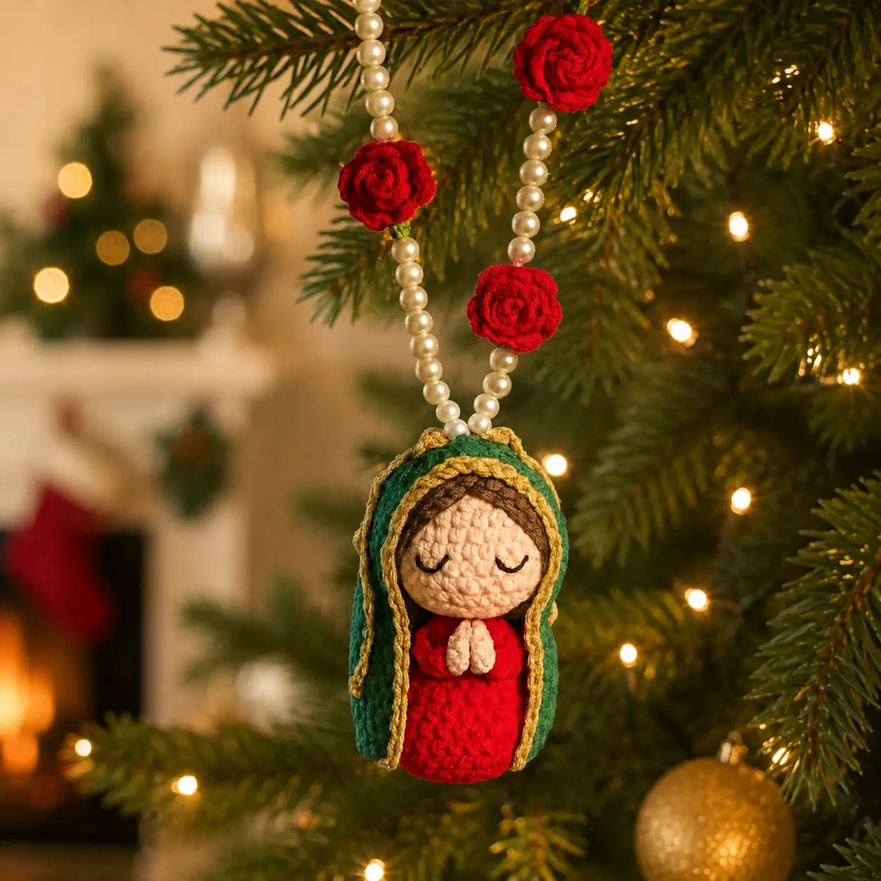 Crochet Virgin Mary Car Charm, Our Lady of Guadalupe Rearview Mirror Ornament, Floral Pearl Bead Catholic Car Decor and Christmas Tree Decoration, 10cm