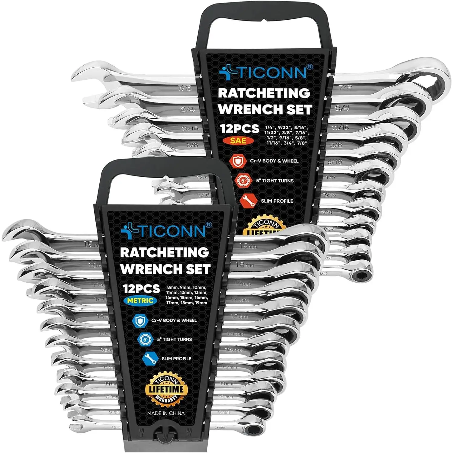 24PCS Ratcheting Wrench Set with Organizer Rack, Professional Slim Profile Mechanic Cr-V Ratchet (12PCS Inch (SAE) & 12PCS mm (Metric))
