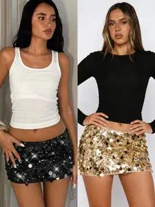 Women's Sexy Low-Waist Mini Skirt Set, Bodycon, Sparkling Sequins, Fitted Drop Waist, Perfect for Parties, Dates, Festivals, Casual
