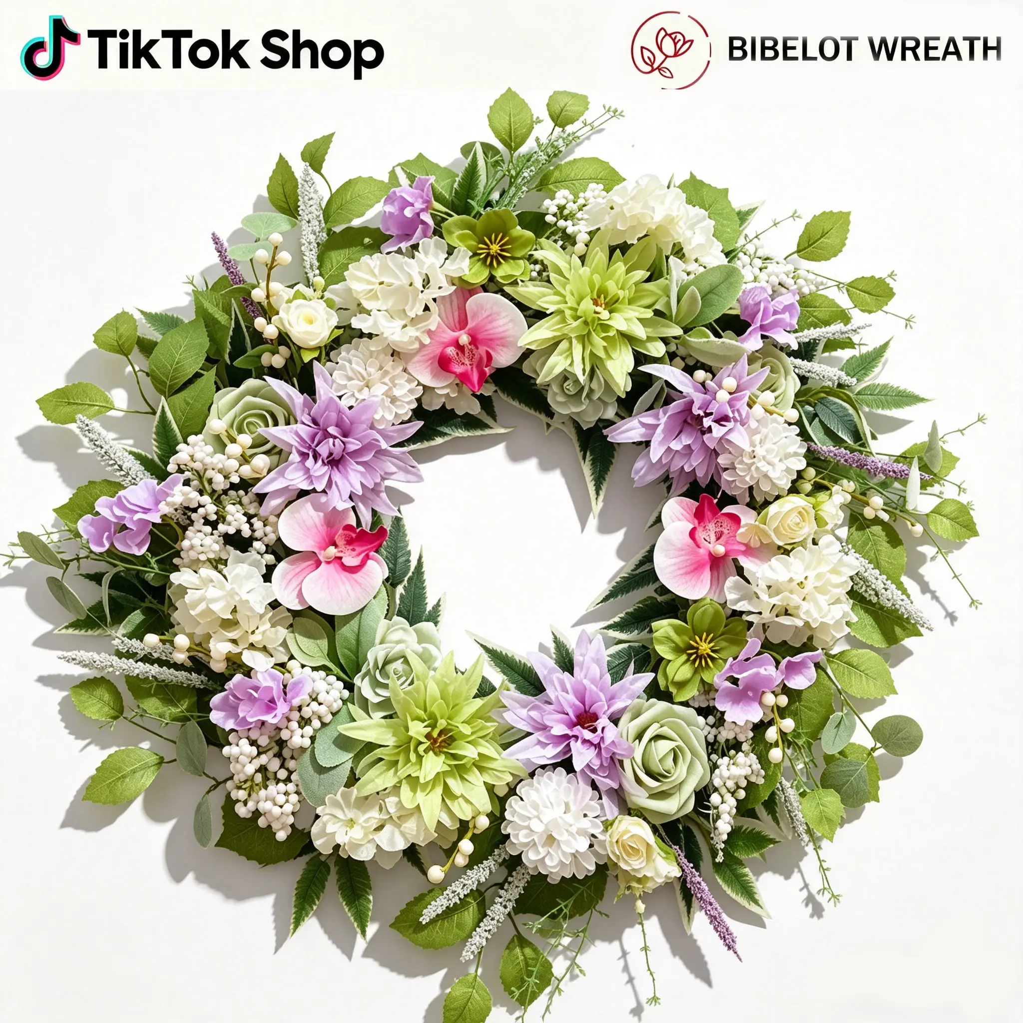 Bibelot 24-Inch Synthetic Silk Decorative Artificial Flower Wreath with Dahlia Hydrangea Orchid Hand Flowers for Front Door Entryway Home Wall Centerpiece  Summer Daily wreath
