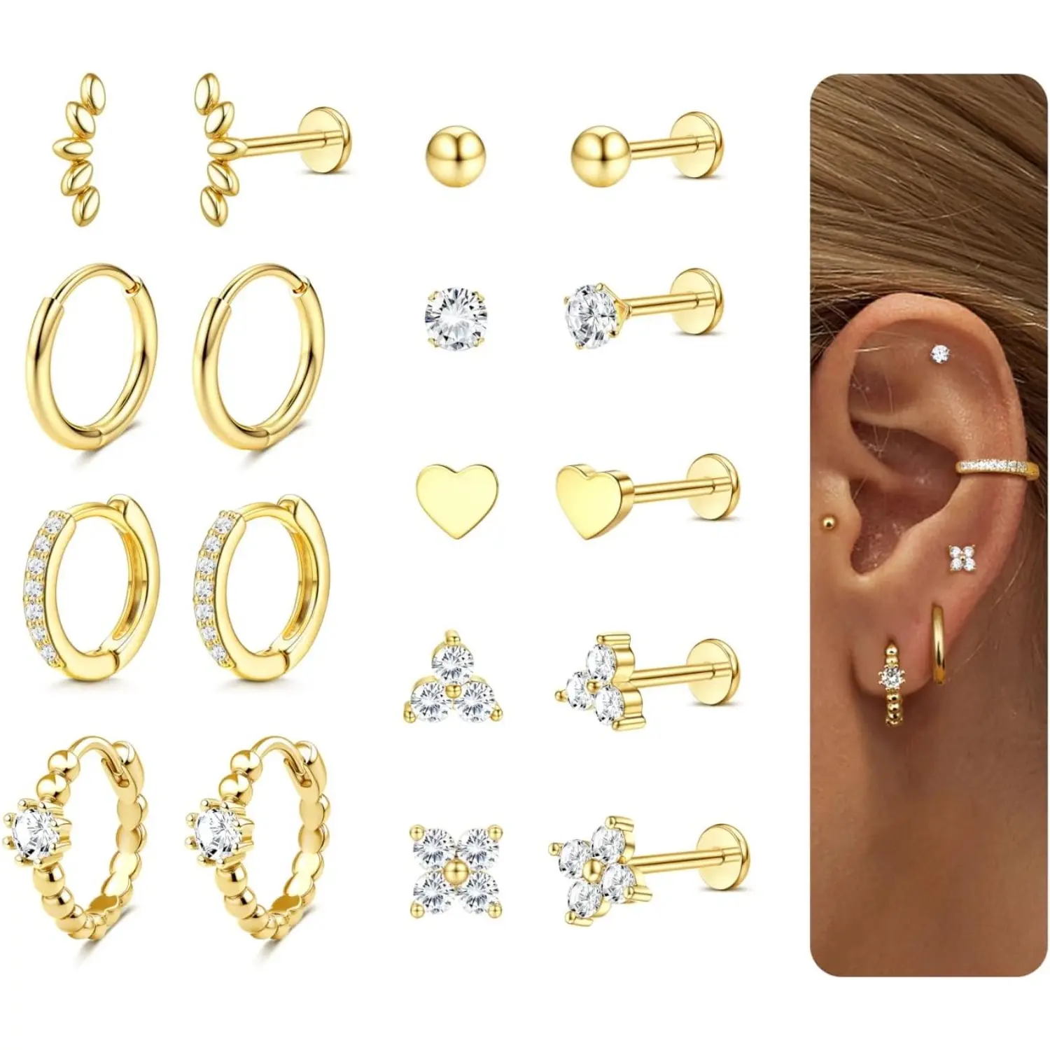 MILACOLATO 14K Plated Gold Threadless Flat Back Earrings 16G 18G Cartilage Earring Set Stainless Steel Helix Earrings for Women Flatback Stud 9Pcs Hoop Cartilage Earring Set for Multiple Piercing, Daily Wear Women, Nickel-Free
