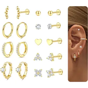 MILACOLATO 14K Plated Gold Threadless Flat Back Earrings 16G 18G Cartilage Earring Set Stainless Steel Helix Earrings for Women Flatback Stud 9Pcs Hoop Cartilage Earring Set for Multiple Piercing