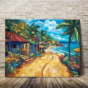 1 Piece, Puerto Rico Colorful Street 2D Flat Wooden Frame Canvas Wall Art, Ready to Hang, Bedroom Living Room Decorative Canvas Wall Art, Framed LLPKH9294, Perfect for Room Decoration