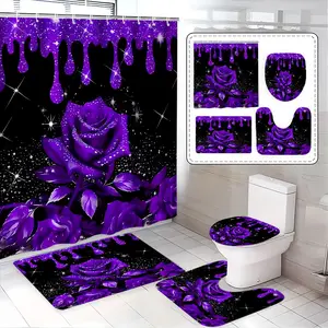 Elegant Rose Bathroom Set, Shower Curtain Set, Includes Bath Mat, Toilet Cover, U-Shaped Pad, Luxury Home Decor, Perfect Gift for Friends and Family