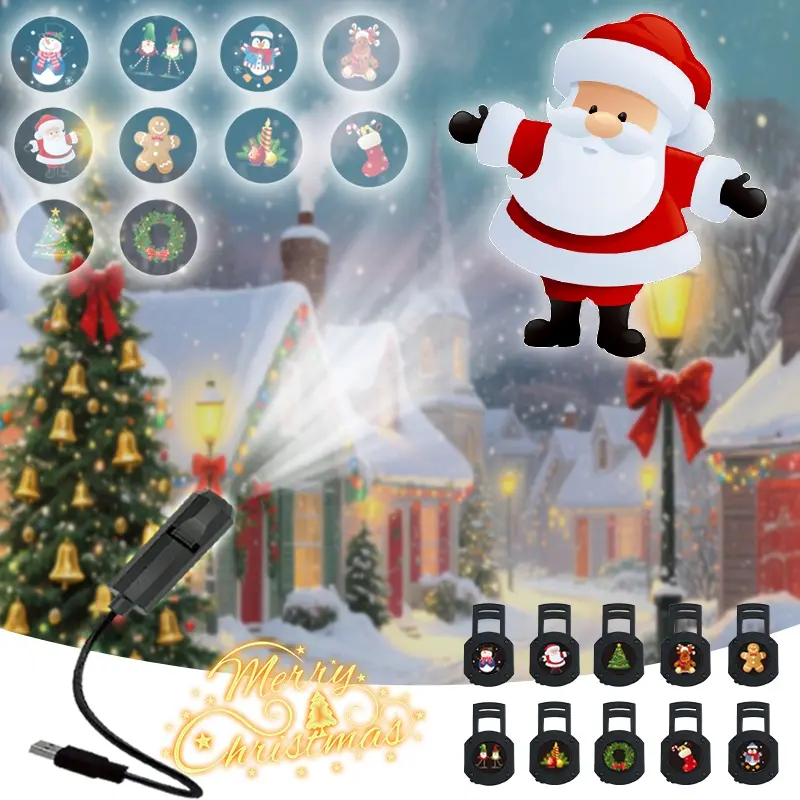 LED Christmas Projection Light with Santa Claus, Replaceable Cards, 360° Rotation, USB Powered Holiday Lighting for Home Office Party Decorations