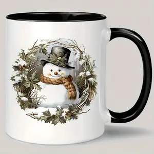 Ceramic Christmas Mug with Insulated Design Reusable Hand Wash Only Coffee Cup Featuring Snowman and Holiday Wreath Multipurpose Gift for Men and Women Drinkware