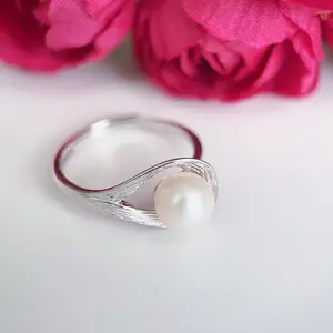 Handmade Freshwater Pearl Ring Sterling Silver Adjustable Ring , Real Pearl in 7-7.5mm