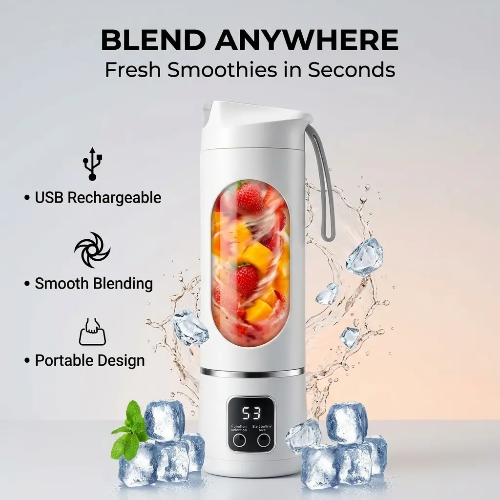 Portable Blender with LED Display – 2-in-1 Smoothie Maker & Ice Crusher, USB Rechargeable Juicer Cup for Fresh Juice, Protein Shakes, Baby Food & Vegetables. Compact Leak-Proof Design for Office, Dorm, Travel & Daily Wellness