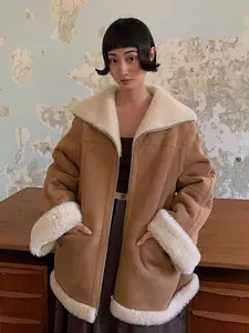 August Night Wool Artificial Compound Leather Reversible Shearling Jacket Oversized Lapel Long Sleeve Casual Style All Seasons Medium Length Soft Fur Fabric European Light Luxury Women's Outerwear