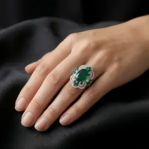 Vintage Emerald Green Gemstone Ring for Women – Adjustable Open Band Statement Cocktail Ring with Sparkling Zircon Accents