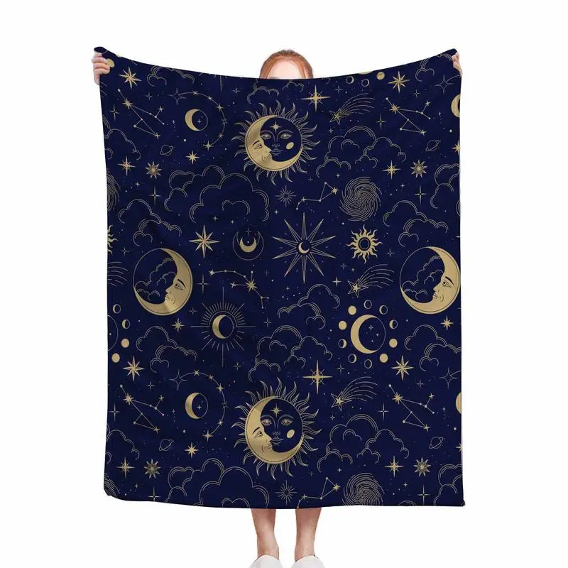 Celestial Motif Throw Blanket - Star & Moon Modern Print Soft Warm Decorative Blanket for Home/Office Nap, Indoor Use, Air-Conditioned Room Comfort