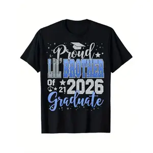 2026 Graduate Outfit Proud Little Brother Graduation Shirt - Comfortable Cotton Tee Suitable for Teen Boys & S, Casual Graduation Gift, Year of Graduation Print, Machine Washable Crew Neck T-ShiUnisex 2026 Black T-Shirt