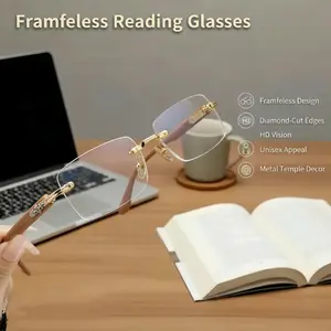 Frameless Reading Glasses with Clear Lenses, Diamond-Cut Edges & Fashion Metal Temple Decor, HD Vision for Reading, Computer Gaming, and Street Style, Unisex Women/Men Daily SpringStatements