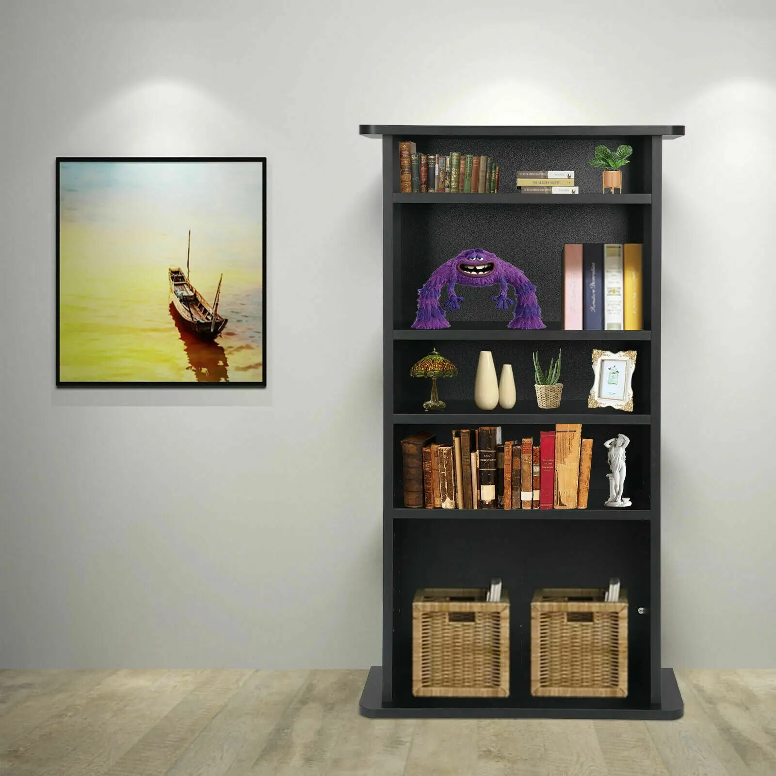 Zeny Black Adjustable Multimedia Storage Tower Cabinet - Bookshelf Book Rack with Pre-Drilled Kits, Wide Base, Adjustable Shelves for CDs, DVDs, Blu-Rays